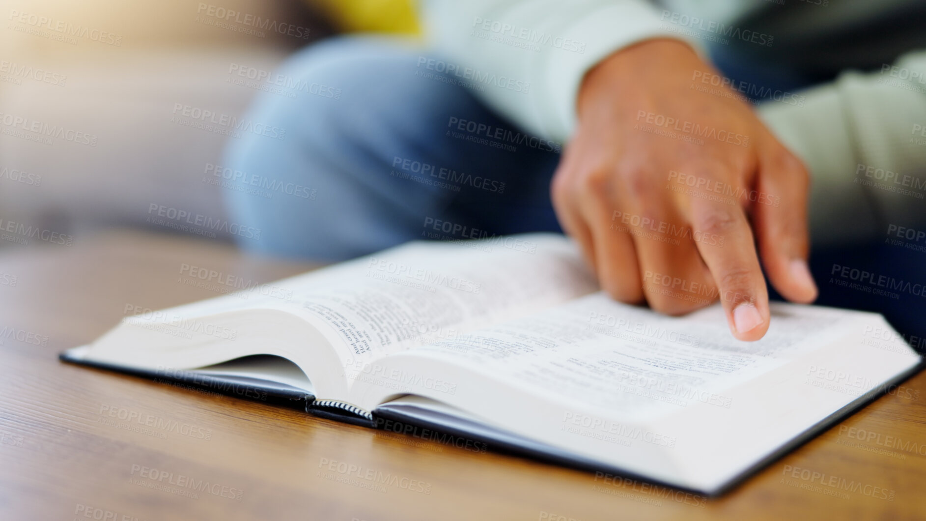 Buy stock photo Prayer, reading and bible with man in living room for worship, spiritual and Christian faith. Hope, God and belief with person praying with holy book at home for religion, thinking and gratitude