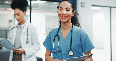 Buy stock photo Doctor, woman and portrait with documents in hospital, smile or pride for report, medical history or research. Happy nurse, insurance paperwork or folder for results, healthcare or wellness in clinic