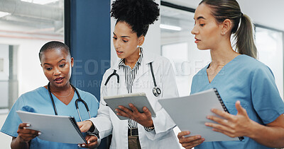 Doctors, nurses or women on tablet, documents or paper in diversity meeting, help collaboration or hospital teamwork. Talking, healthcare or workers on technology, surgery research or life insurance