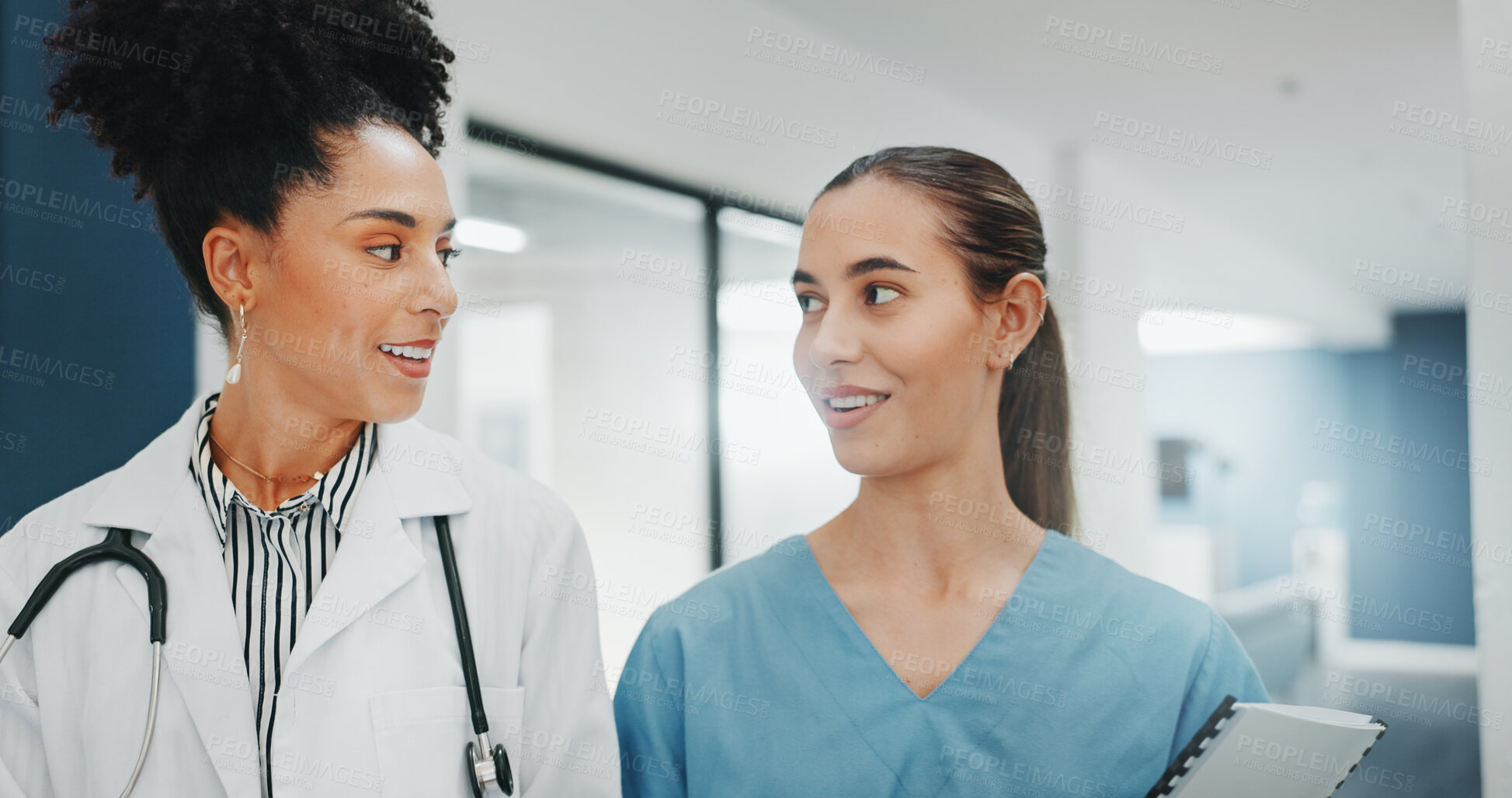 Buy stock photo Women nurses, talking or walking in hospital in teamwork, nurse collaboration or surgery research. Doctors, happy or healthcare workers in planning, communication or discussion for medicine treatment