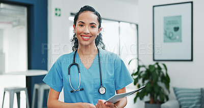 Buy stock photo Doctor, portrait or happy woman in healthcare office for consultation service, medicine advice or agenda. Smile, face or friendly medical worker with nursing paperwork or documents in hospital clinic