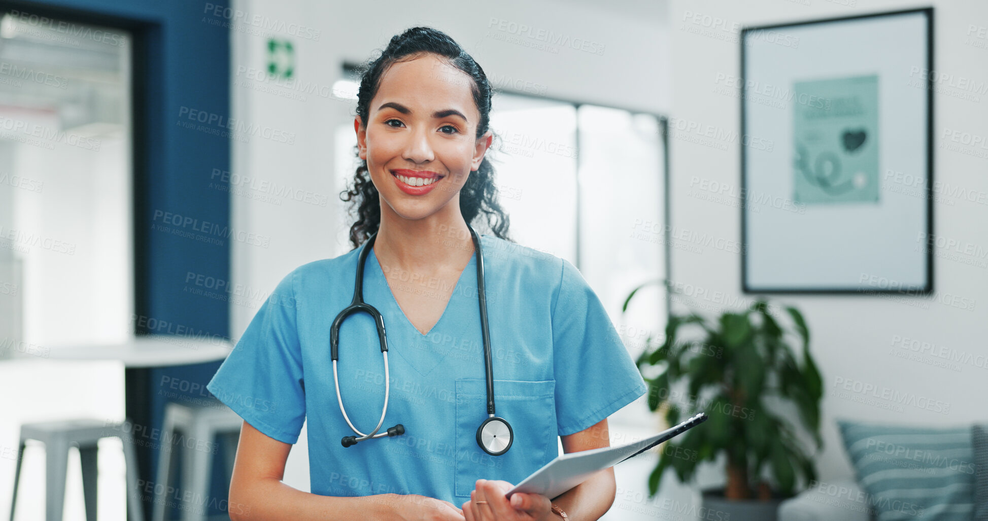 Buy stock photo Doctor, portrait or happy woman in healthcare office for consultation service, medicine advice or agenda. Smile, face or friendly medical worker with nursing paperwork or documents in hospital clinic