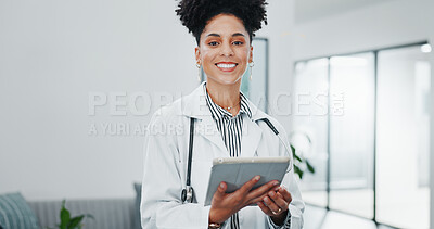 Face of happy woman doctor on tablet for medical research, hospital management and telehealth service. Portrait of young black person in professional healthcare career, job or clinic on digital tech