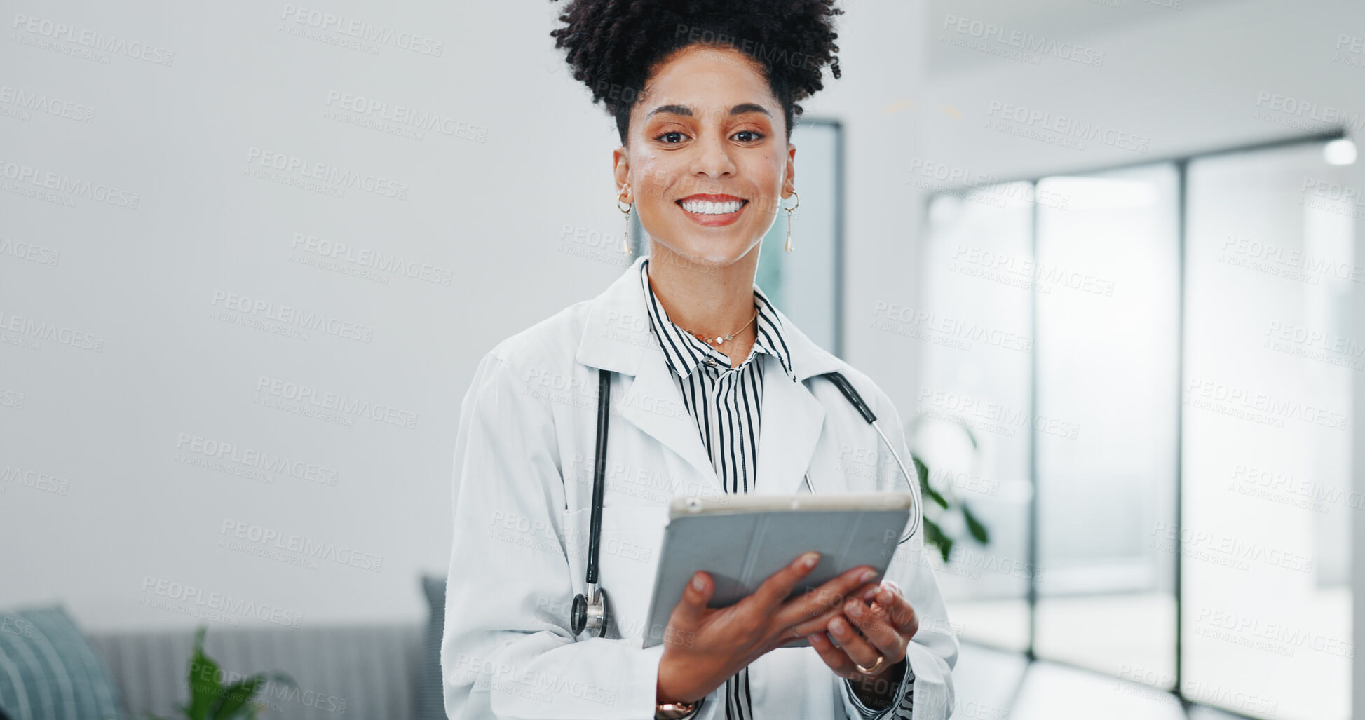 Buy stock photo Portrait, smile or doctor on tablet for research, medical update or telehealth web service in clinic. Science, happy woman or confident nurse in professional healthcare with digital tech in hospital