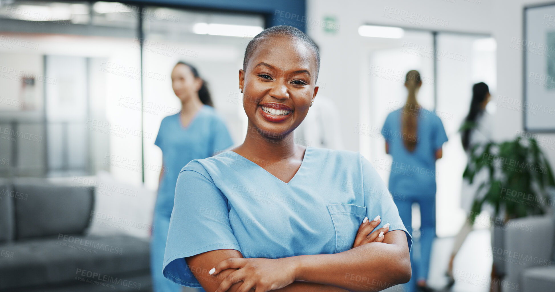 Buy stock photo Nurse, portrait or arms crossed in hospital for medical life insurance, healthcare or wellness support. Smile, face or professional black woman with confidence trust or help for medicine internship
