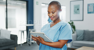 Buy stock photo Results, happy black woman or doctor on tablet for research, medical update or telehealth service. News info, smile or African nurse in professional healthcare with digital tech in hospital or clinic