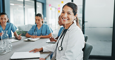 Buy stock photo Happy woman, portrait or doctor in hospital meeting for medical planning, medicine or treatment. Smile, group training or face of healthcare worker in clinic for teamwork, collaboration or diversity