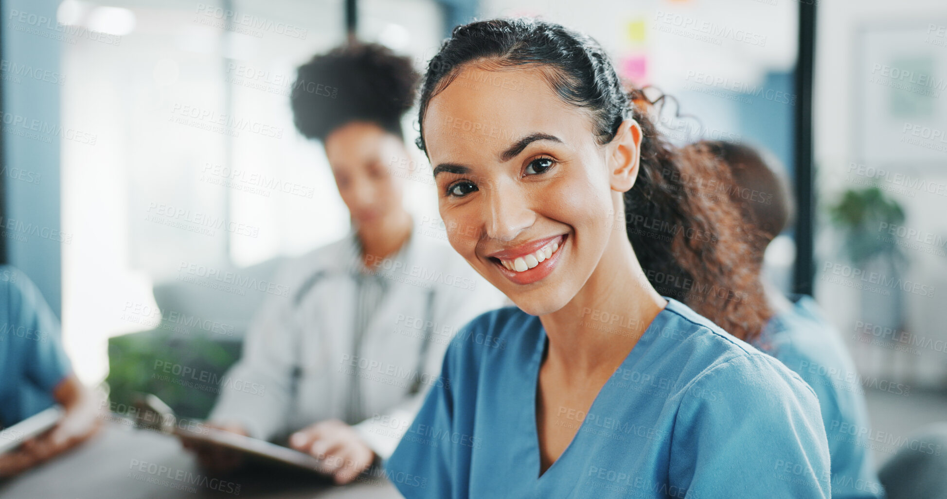Buy stock photo Student, portrait or nurse in hospital meeting for medical planning, medicine results or workshop. Happy woman, learning or healthcare worker in clinic for teamwork, group collaboration or smile