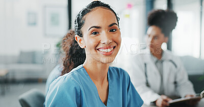 Buy stock photo Student, portrait or nurse in meeting for medical planning, medicine results or hospital workshop. Happy woman, learning or healthcare worker in clinic for teamwork, group collaboration or smile