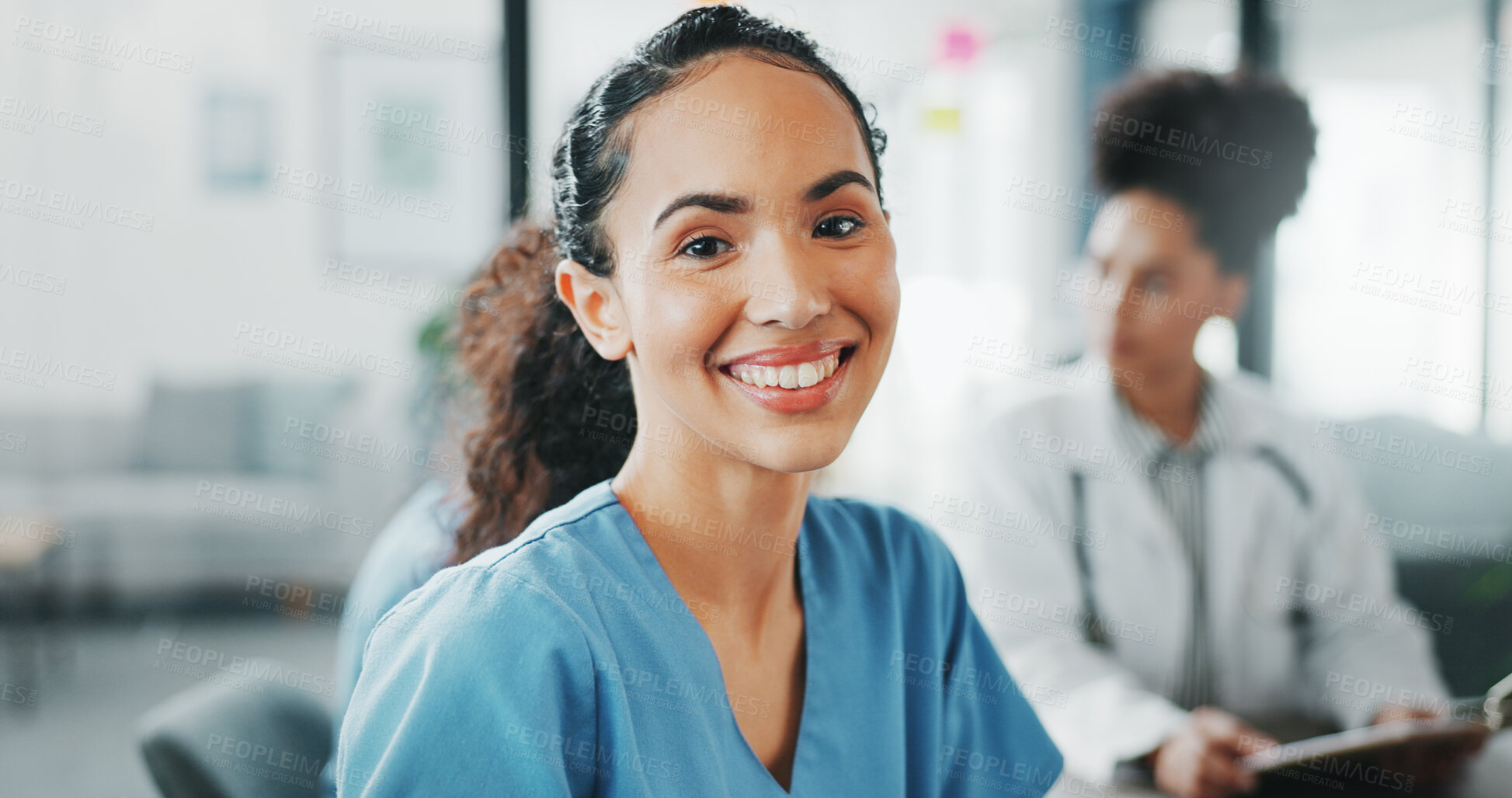 Buy stock photo Student, portrait or nurse in meeting for medical planning, medicine results or hospital workshop. Happy woman, learning or healthcare worker in clinic for teamwork, group collaboration or smile
