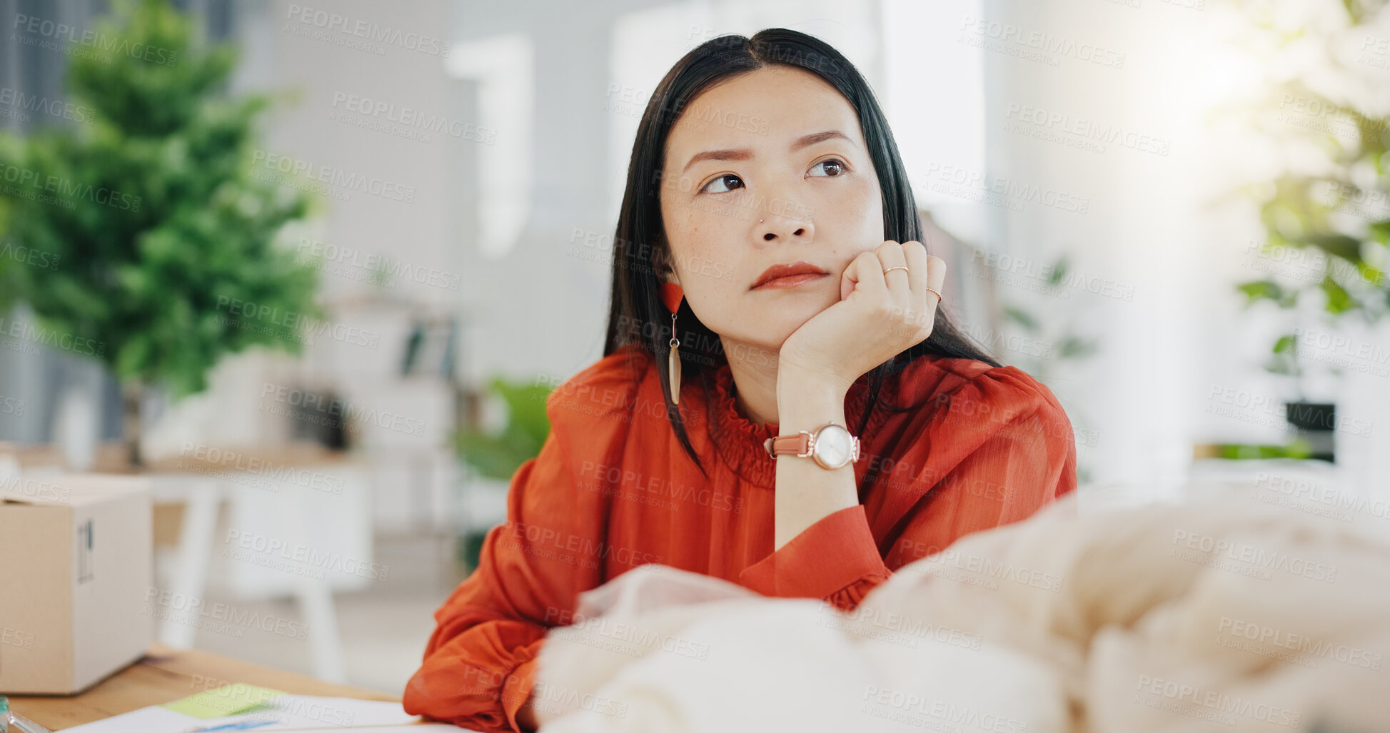 Buy stock photo Woman or fashion designer thinking of ideas in manufacturing studio, inspiration or planning clothes production. Asian person contemplating creative or thoughtful strategy in textile, tailor business