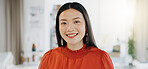 Face, happy and business woman on office, confident and empowered against a blurred background. Portrait, leader and female startup owner in Japan for career, goal and mission, vision and positivity