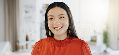 Face, happy and business woman on office, confident and empowered against a blurred background. Portrait, leader and female startup owner in Japan for career, goal and mission, vision and positivity
