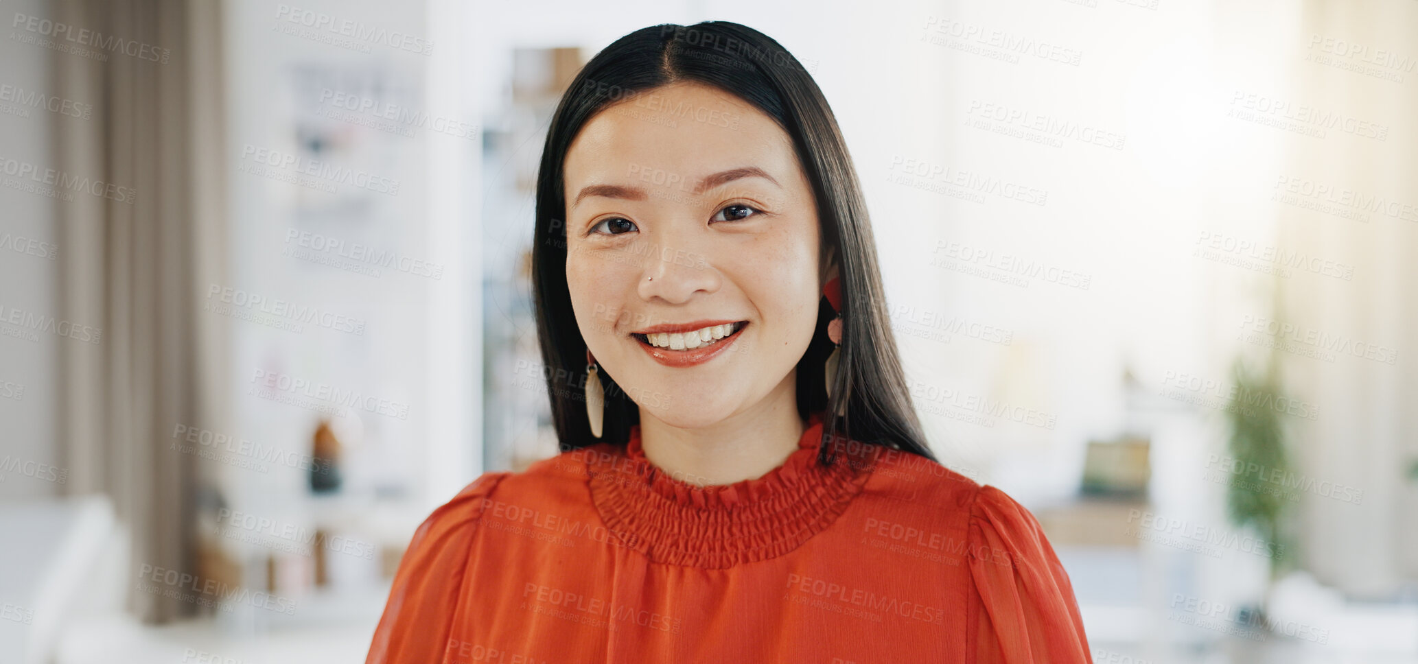 Buy stock photo Face, happy and business woman on office, confident and empowered against a blurred background. Portrait, leader and female startup owner in Japan for career, goal and mission, vision and positivity