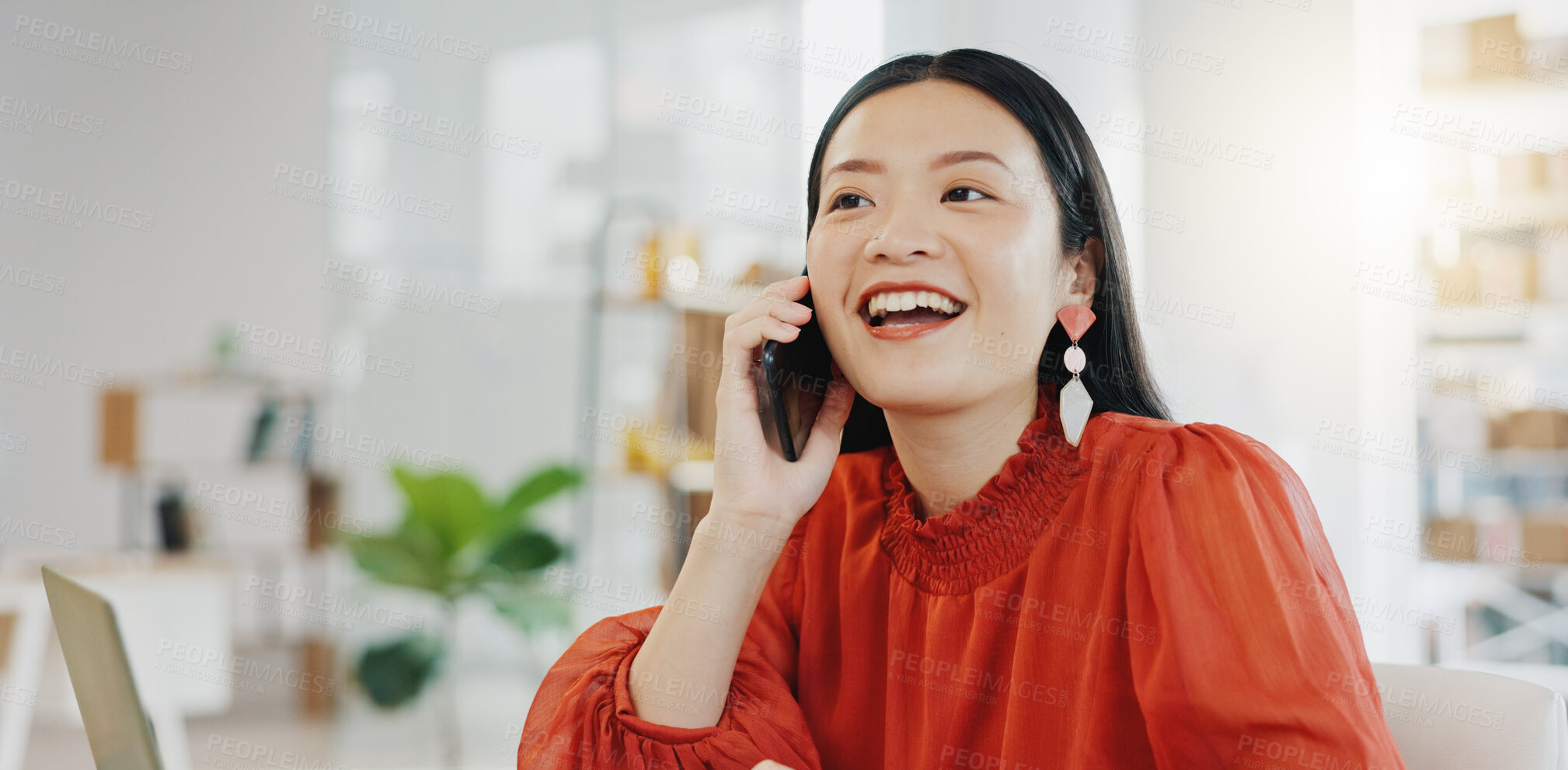 Buy stock photo Phone call, laptop and order with a designer asian woman at work in her fashion office for creative style. Contact, ecommerce and design with a female employee talking on her phone for retail