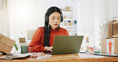 Buy stock photo Business, fashion designer and Asian woman with checklist for planning, logistics and order delivery. Retail, commerce and girl listen to music for productivity for clothes, shipping and distribution