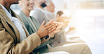 Audience hands, meeting applause or people in business seminar, conference or presentation success and thank you, Corporate team of men and women clapping, celebration and congratulations or support