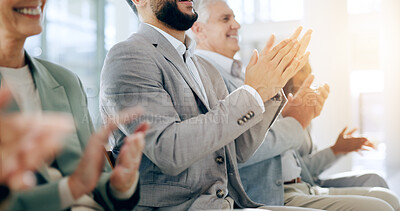 Audience hands, meeting applause or people in business seminar, conference or presentation success and thank you, Corporate team of men and women clapping, celebration and congratulations or support