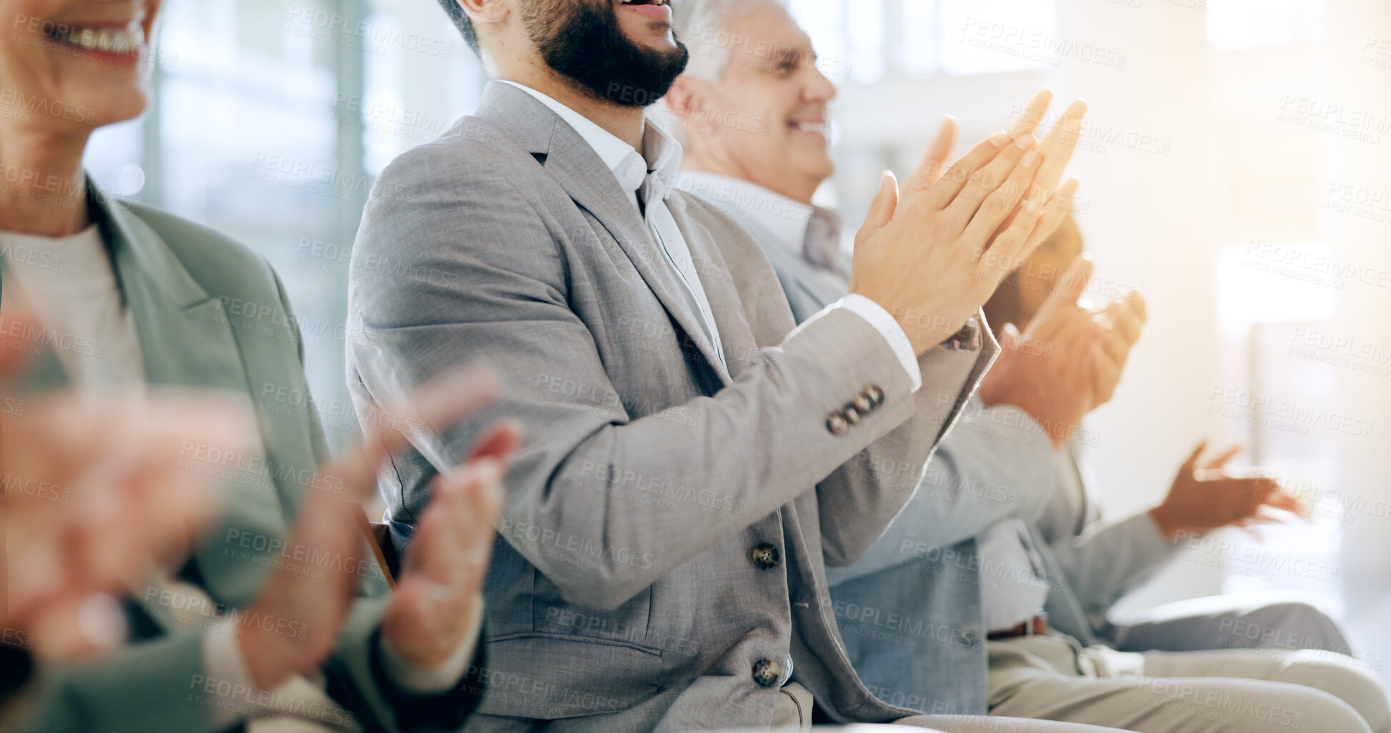 Buy stock photo Hands, audience and clapping in seminar for presentation, conference and workshop or training for employees. Business people, applause and pride in convention, motivation and praise for team building