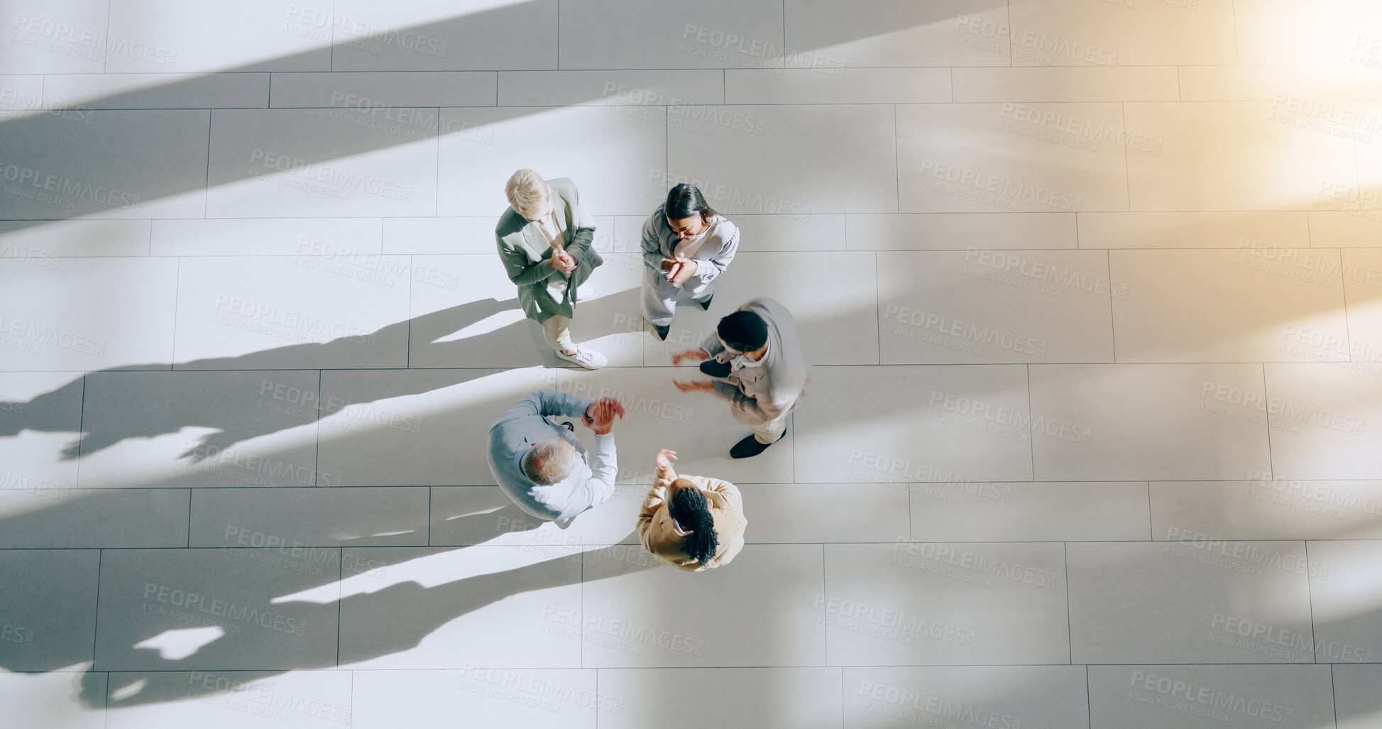 Buy stock photo Above, circle and business people in meeting for teamwork, collaboration or talking in office and workplace. Group, conversation and together for professional planning, negotiation or b2b mockup