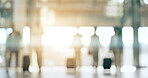 Travel, luggage and blur of business people in airport for international trip, transport and departure. Corporate worker, airplane and silhouette of men and women walking in terminal for arrival