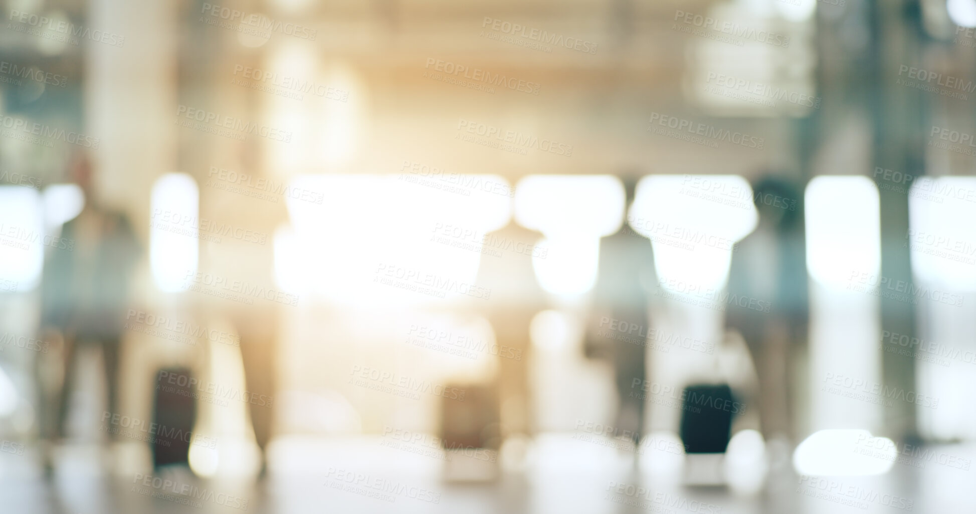 Buy stock photo Blurred background, travel and business people in an airport with luggage for departure on an international flight. Flare, suitcase and an employee group walking in a terminal or lobby for boarding