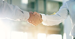 Business men, office and shaking hands for success, HR partnership and collaboration. Closeup, teamwork and handshake for deal, support and b2b networking with trust, hiring and thank you for meeting