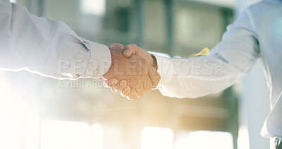Business men, office and shaking hands for success, HR partnership and collaboration. Closeup, teamwork and handshake for deal, support and b2b networking with trust, hiring and thank you for meeting