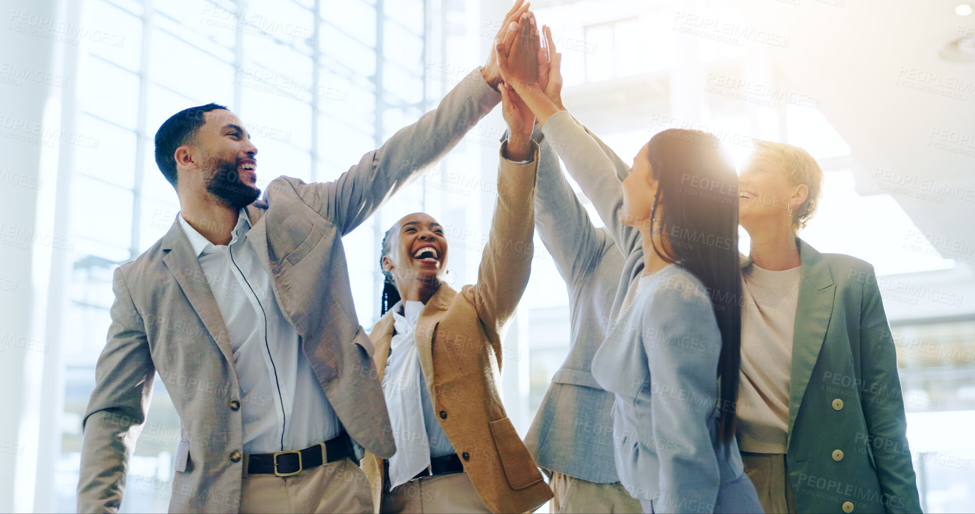 Buy stock photo Business people, high five and teamwork, celebration or collaboration of goals, support and group success. Happy, professional employees or men and women with hands together for mission or motivation