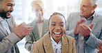 Business woman, winner and group applause for success, financial bonus, sales or profit in team support. Corporate staff, people clapping and accountant achievement or thank you for news or promotion