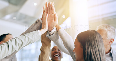 Business people, success and high five for collaboration, teamwork support or goals and celebration. Team building circle, job motivation and group of men and women with hands together for mission