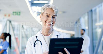 Tablet, happy woman or face of doctor in hospital with research to search for medicine web. Telehealth, social media or medical healthcare professional reading or browsing on app online in clinic