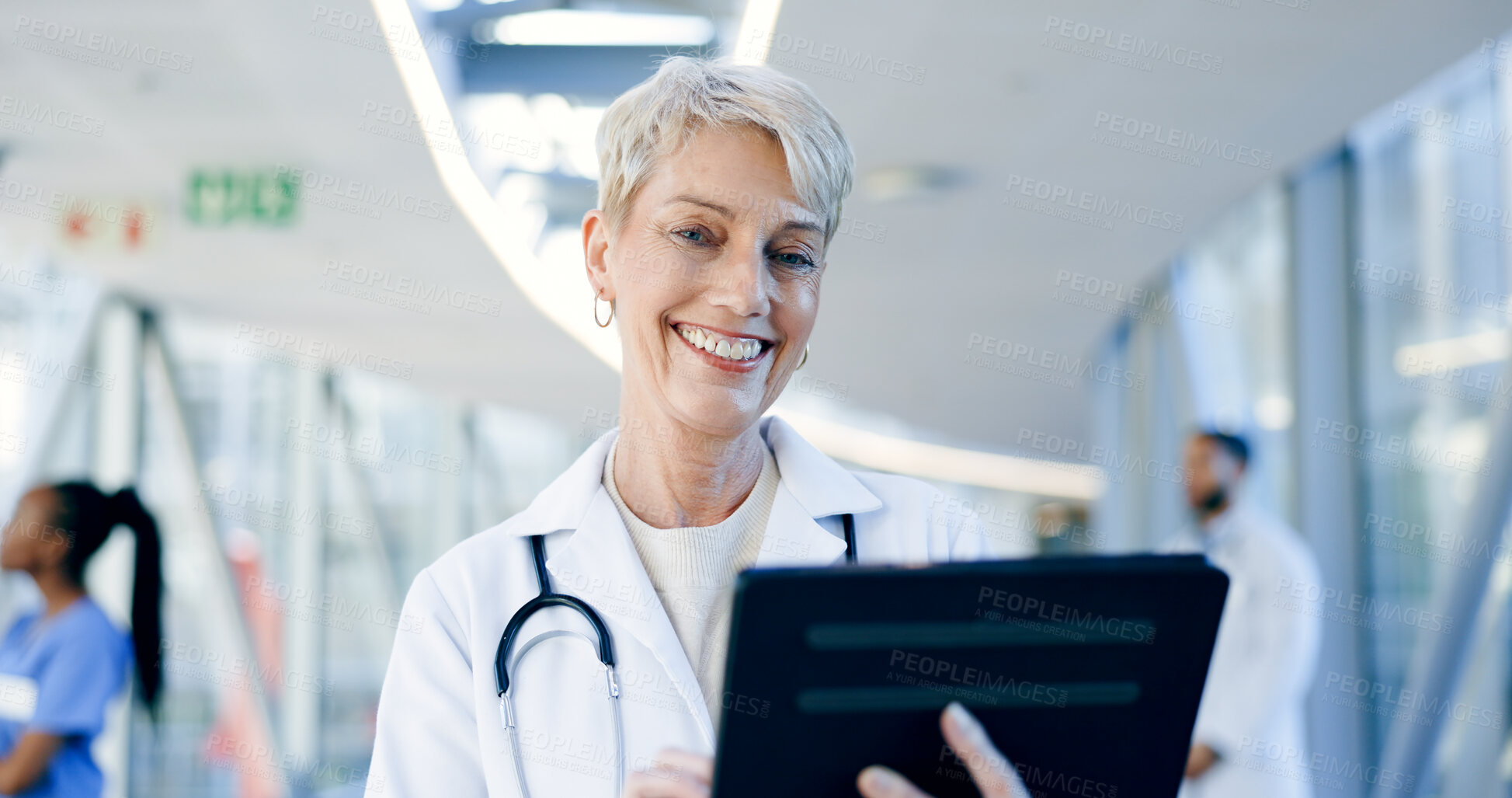 Buy stock photo Portrait, smile and senior woman with a tablet, doctor and healthcare with website information, internet and email notification. Face, mature person or medical professional with technology or career