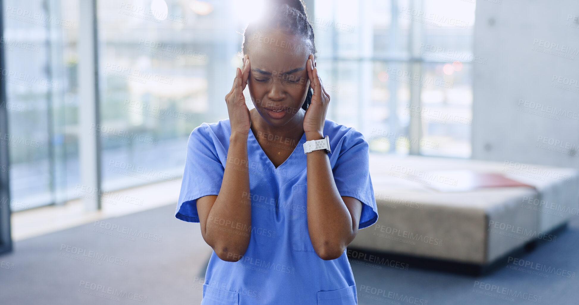 Buy stock photo Doctor, headache and stress or overworked in hospital, migraine and burnout or overwhelmed in clinic. Black woman nurse, tired and fatigue or anxiety on challenge, medical problem and bad mistake