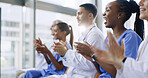 Happy, presentation or doctors clapping for success, good job or results target in hospital meeting or workshop. Applause, wow or group of excited nurses smiling for medical goals, news or support