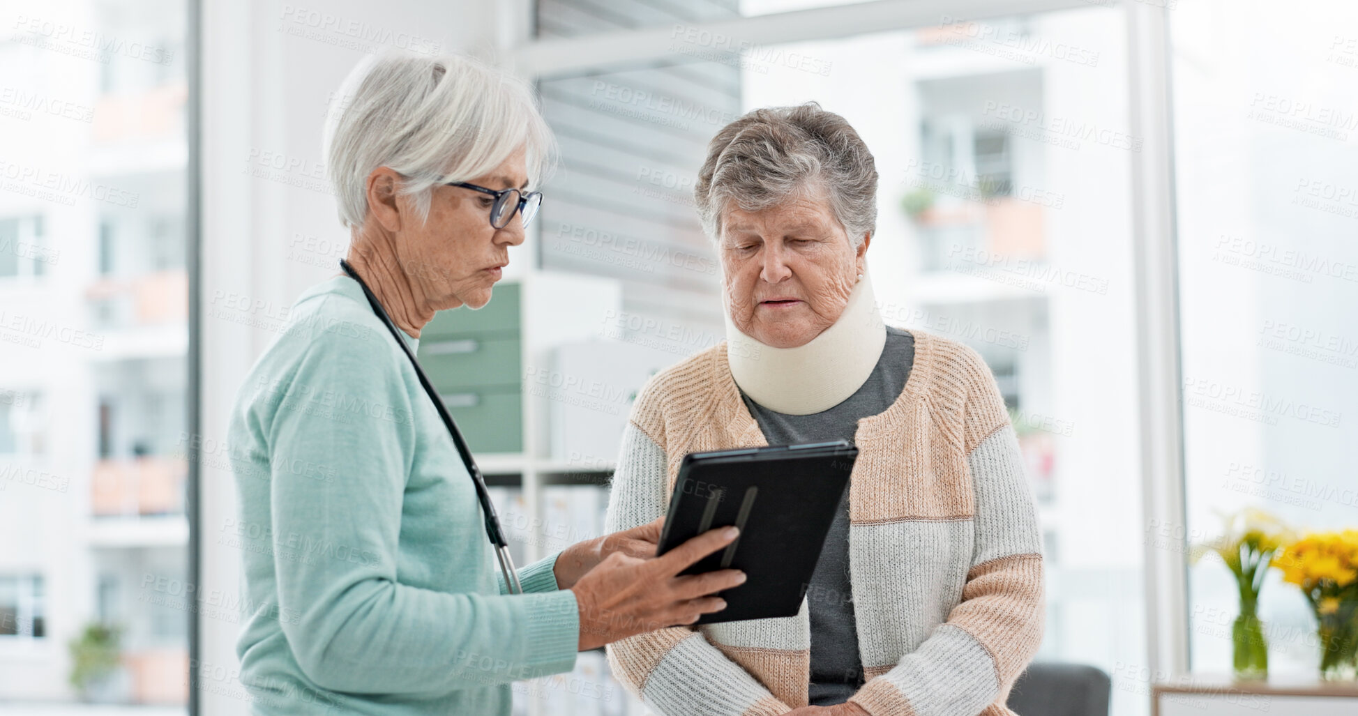 Buy stock photo Results, tablet and senior woman with doctor talking about x ray, data or report on healthcare, injury or elderly care consultation. Patient, nurse and advice in meeting with medical worker or expert