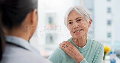 Buy stock photo Consulting, shoulder pain and medical with doctor and old woman for physical therapy, advice and injury. Medicine, healthcare and results with patient in hospital for help, check and rehabilitation