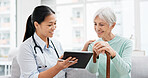 Talking, old woman or doctor with tablet for results, report or report history online in hospital in consultation. Support, healthcare or Asian nurse with medical update for elderly patient in clinic