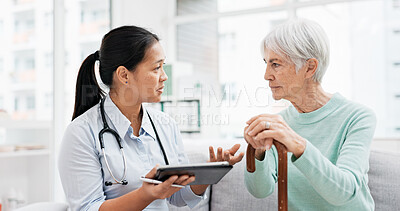 Buy stock photo Talking, old woman or doctor with tablet for results, report or report history online in hospital in consultation. Support, healthcare or Asian nurse with medical update for elderly patient in clinic