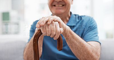 Walking stick, hands and happy elderly man with wooden cane on sofa for balance, support and mobility. Walk, aid and old male at senior care facility with disability, dementia or chronic arthritis