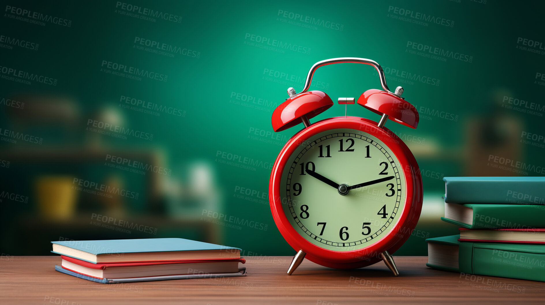 Buy stock photo Red clock on desk with books on green copyspace background