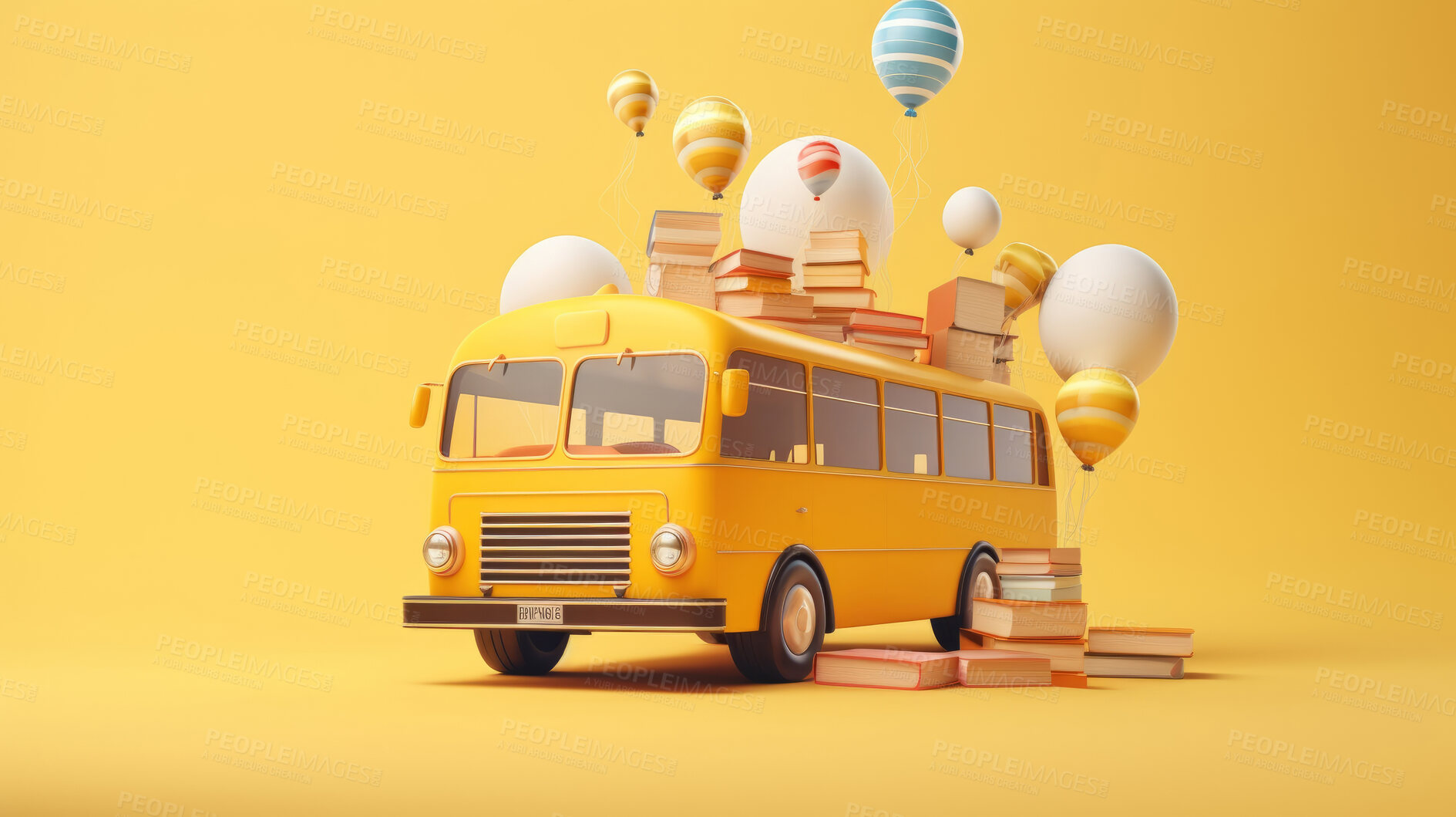 Buy stock photo Yellow school bus, balloons and books on green copyspace background