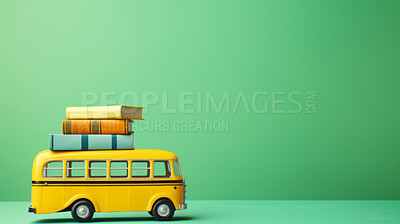 Buy stock photo Yellow school bus and books on green copyspace background