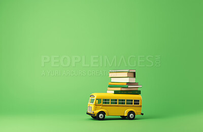 Buy stock photo Yellow school bus and books on green copyspace background