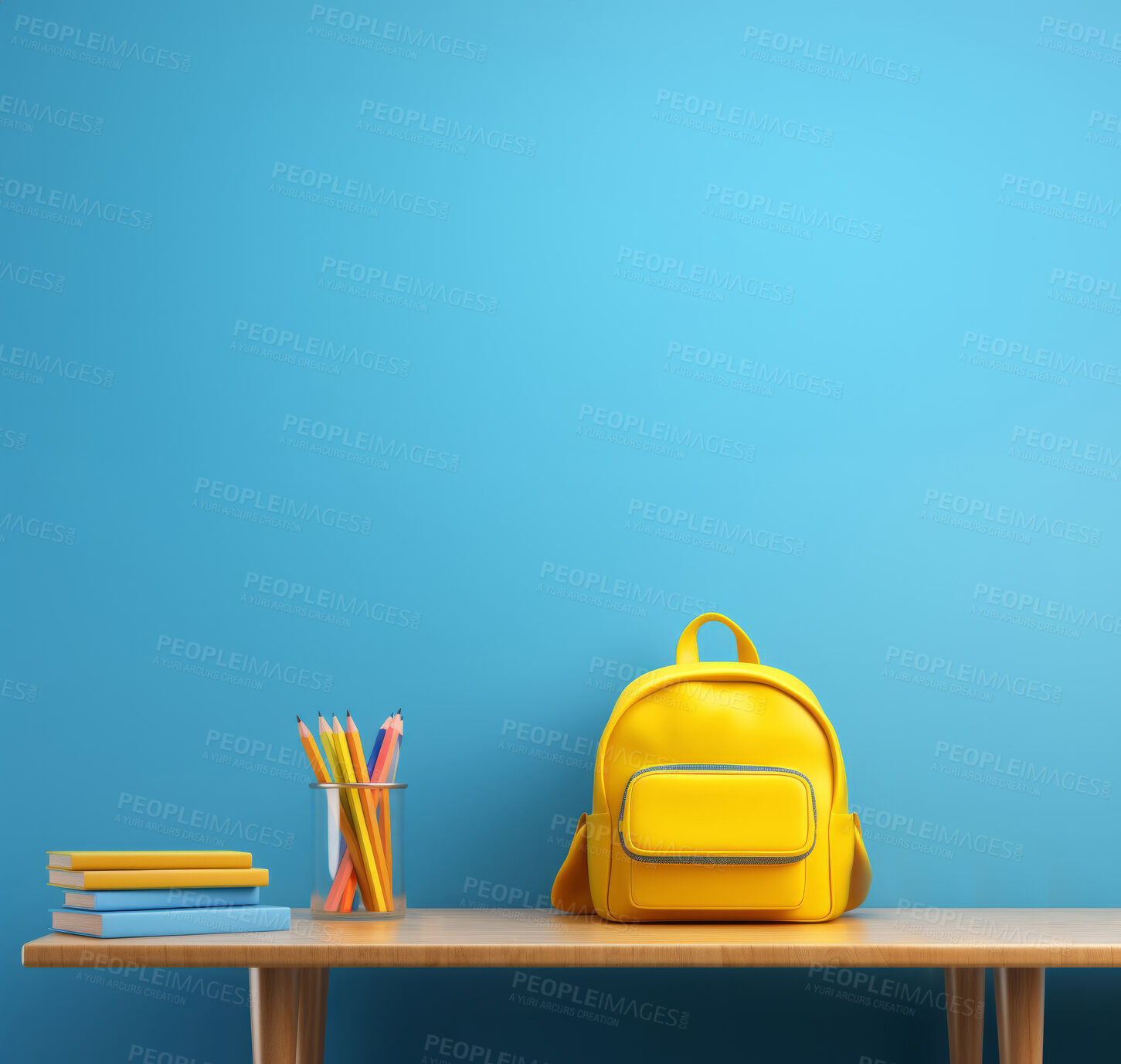 Buy stock photo Backpack, books, and pencils on table on blue copyspace background