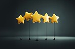 Five gold star rating on dark background. Feedback, review, and rate us concept