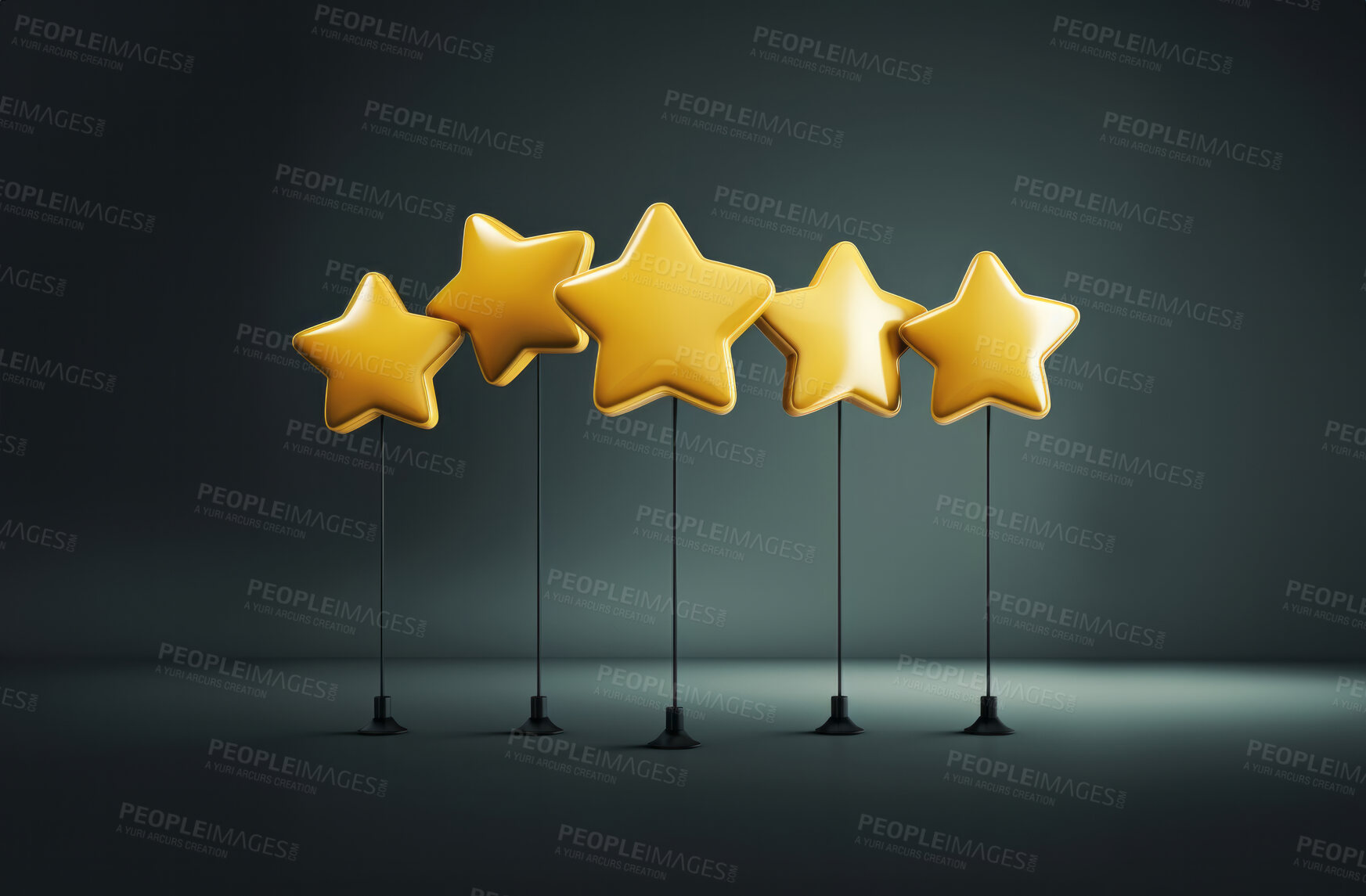 Buy stock photo Five gold star rating on dark background. Feedback, review, and rate us concept