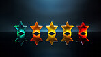 Five star rating on dark
background. Feedback, review, and rate us concept