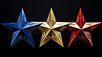 Three blue, gold, and red star rating on dark background. Feedback, review, and rate us concept