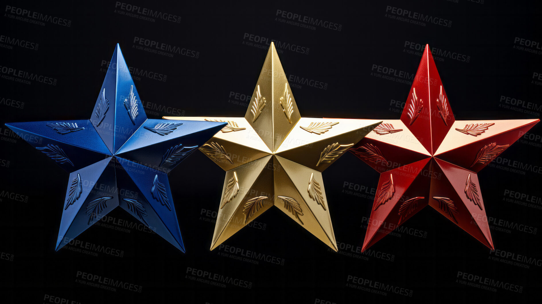 Buy stock photo Three blue, gold, and red star rating on dark background. Feedback, review, and rate us concept